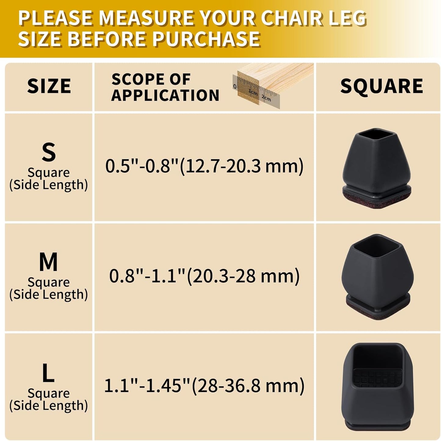 Ezprotekt 24 Pcs Square Silicone Chair Leg Floor Protectors, Felt Furniture Pads Covers for Table, Bar Stool Leg Floor Protectors Caps, Chair Socks Sliders for Wood Floors (Fit 0.8"- 1.1", Black)