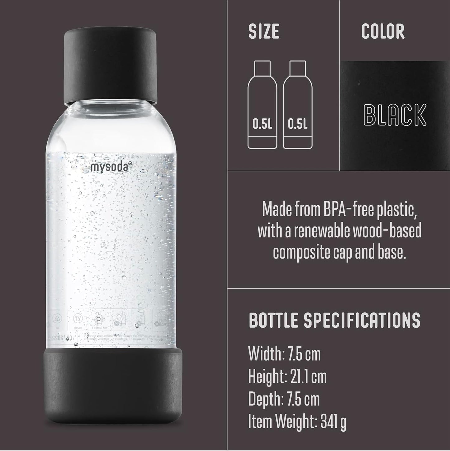 Mysoda Carbonating Bottles 2Pck 0.5L - Compatible with MySoda and any brands - Quick-Lock Reusable Bottles - Lid and Base Made of Wood Composite - BPA Free - Black