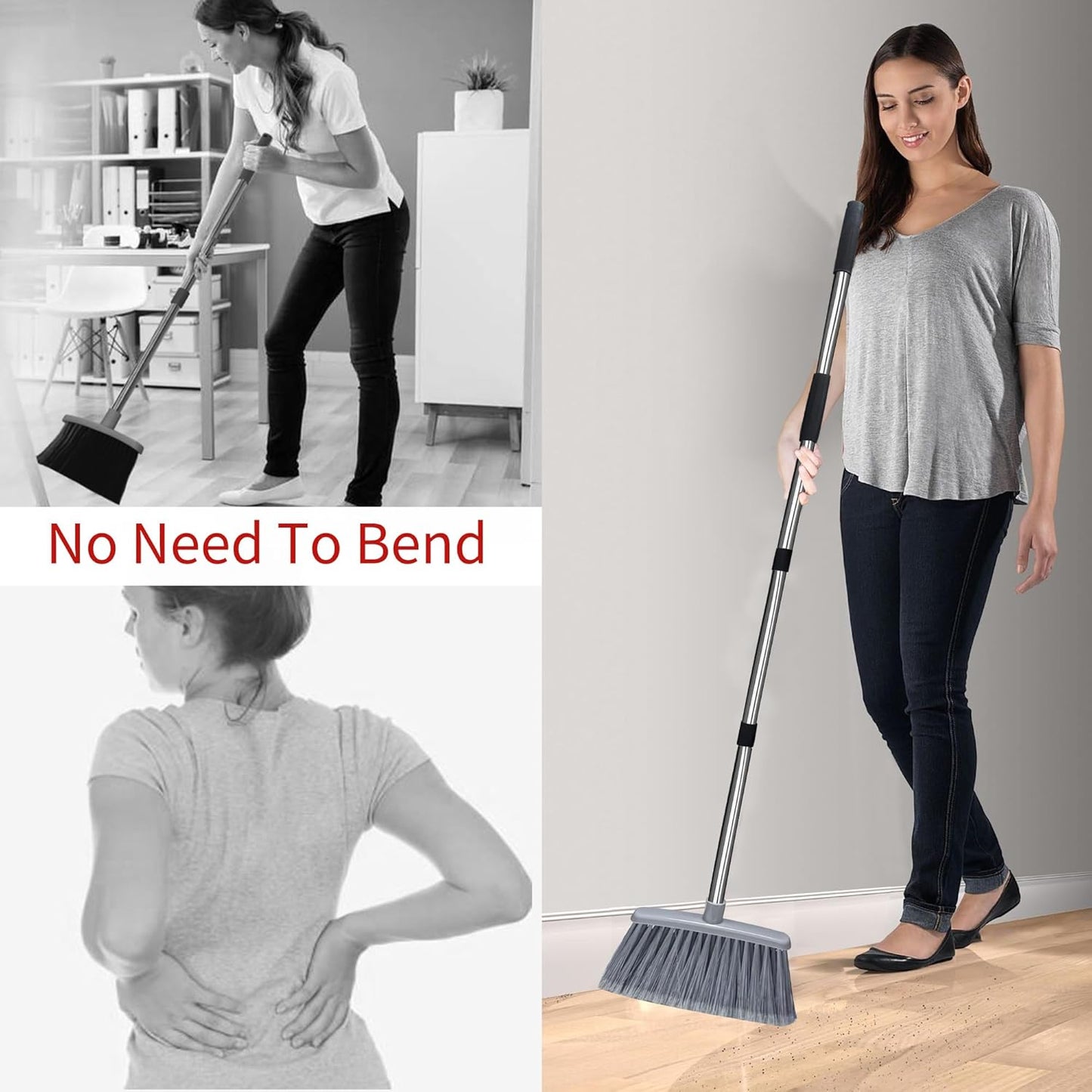 Broom with Dustpan Combo Set Broom and Dustpan Set Dust Pan with 51.2" Stainless Steel Long Handle, Brooms with 5-Layer Plus Firm and Soft Bristles Combine, New Home Apartment Office Essentials