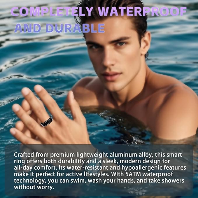 Activity Tracker Ring for Men – Smart Ring with Heart Rate, SpO2, Blood Pressure, Sleep Monitoring, Step & Calorie Counter, 5ATM Waterproof, No Subscription Fee (Black, 8)