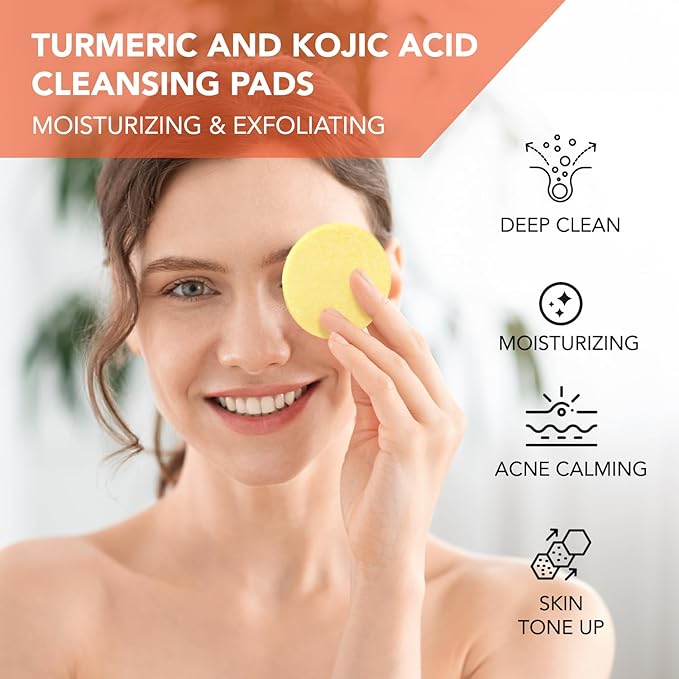 Turmeric Kojic Cleansing Pads: Face Exfoliating Pads for Acne Scars Skin Fades Skin Firming - Cleaning Pad with Turmeric and Kojic - Deep Clean Pores 50PCS