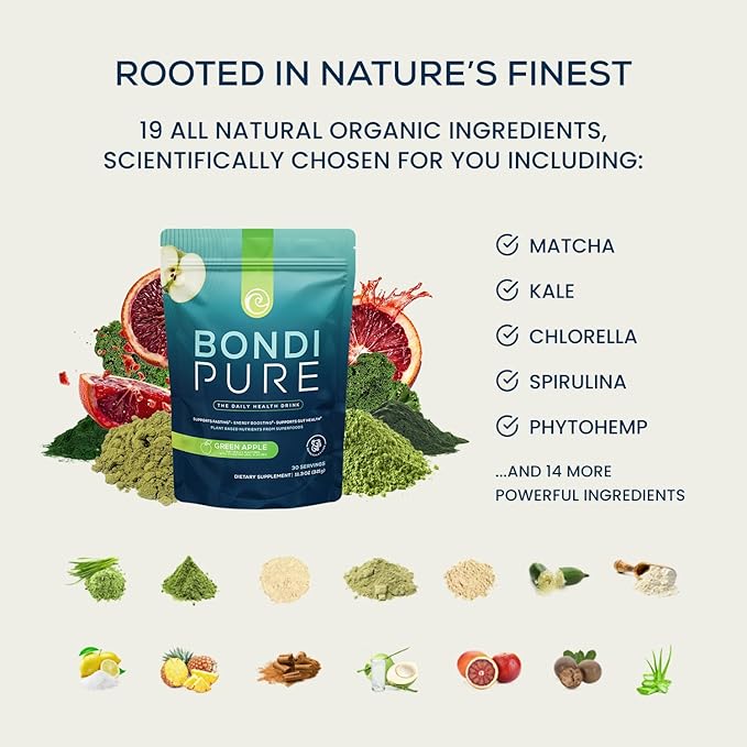 Bondi Pure - Daily Health & Detox Drink - Promote Gut Health & Energy Support During a Cleanse or Intermittent Fasting - Plant-Based Fibers, Alkalizing Super Greens - Green Apple (30 Servings)