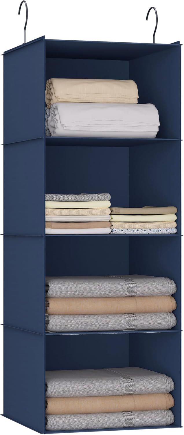 Hanging Closet Organizer - 4-Shelf, Easy Mount Foldable Wardrobe Storage Shelves for Clothes, Handbags, Shoes & Accessories - Washable Oxford Cloth Fabric, Navy Blue