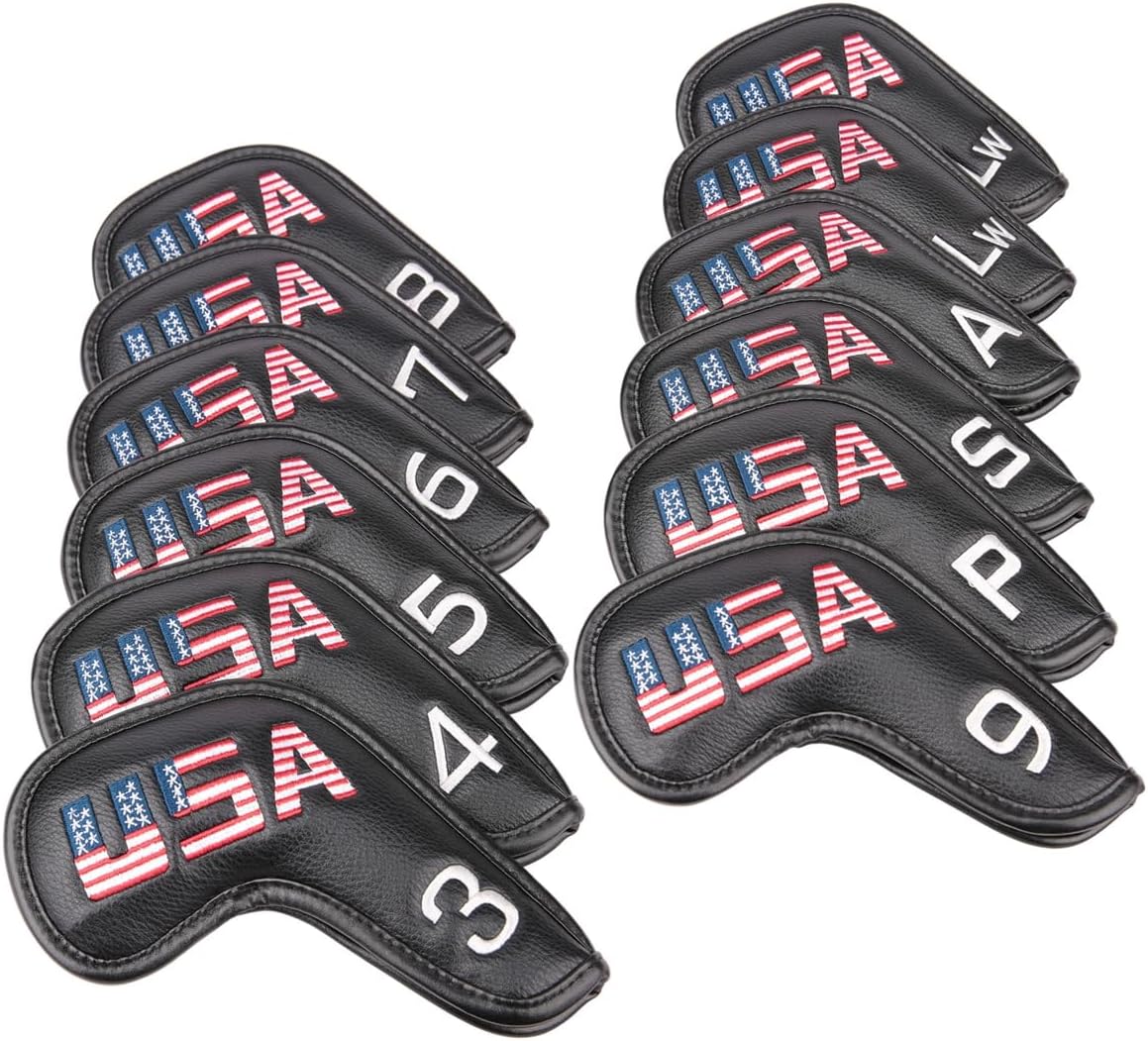 Golf Builder Black Leather USA Golf Club Iron Wedge Head Covers Fit All Brands
