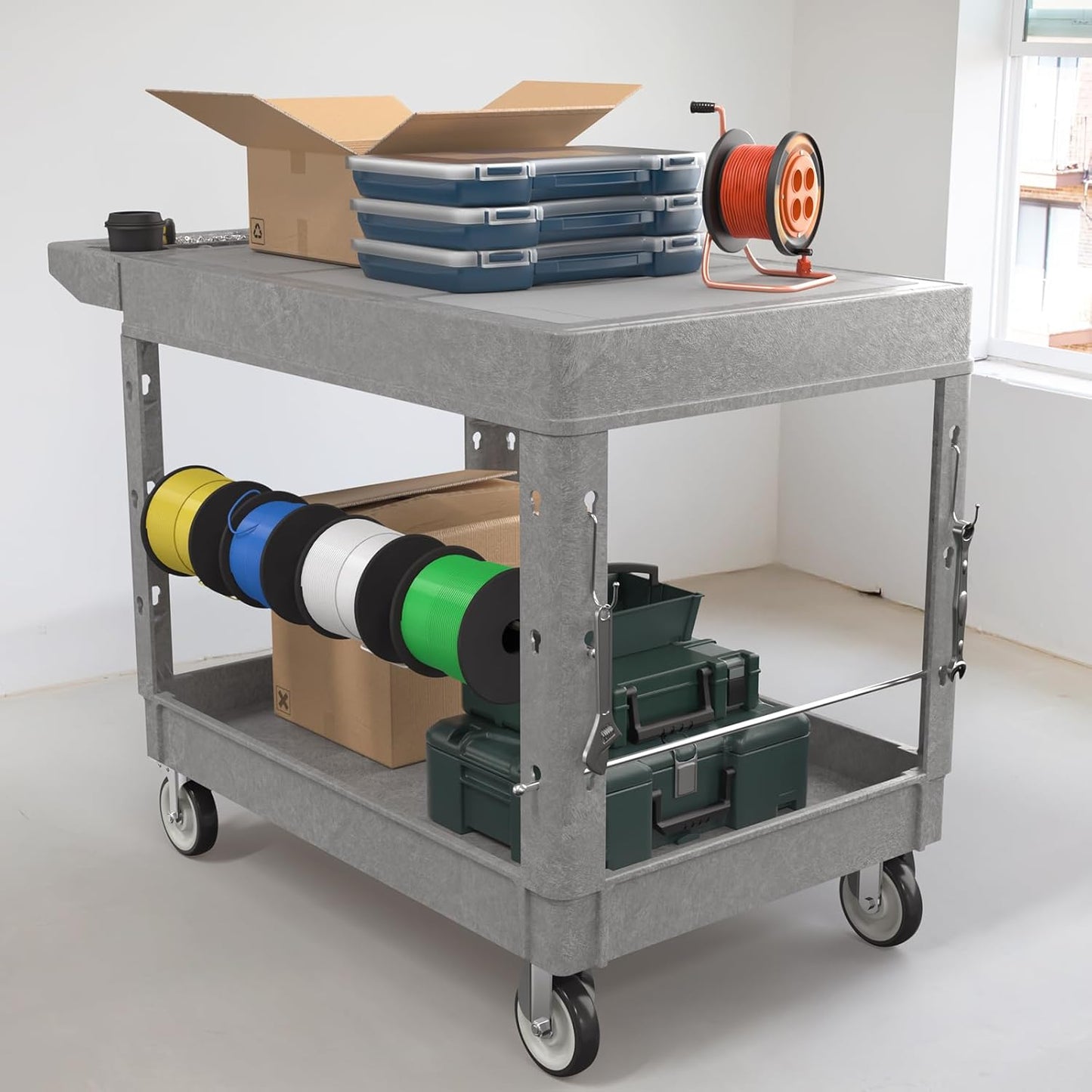 Heavy Duty Flat Top Utility Cart with Wheels 2-Tier Utility Plastic Service Work Cart for Shop, Garage, Warehouse, Maintenance 550 lbs