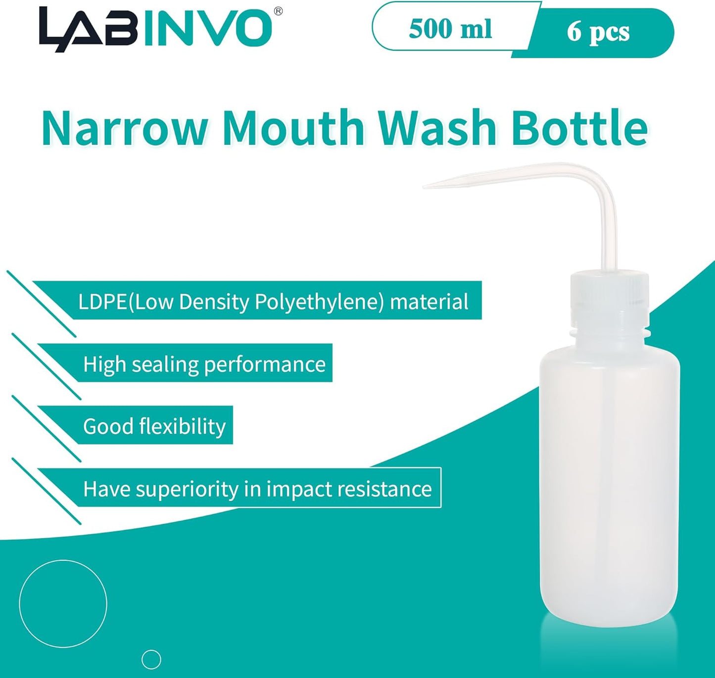 6pcs of Economy Wash Bottles, Vol.500ml (17oz), Narrow-Mouth, Self-Venting Safety Wash Bottles, LDPE Material,IN-WBN500