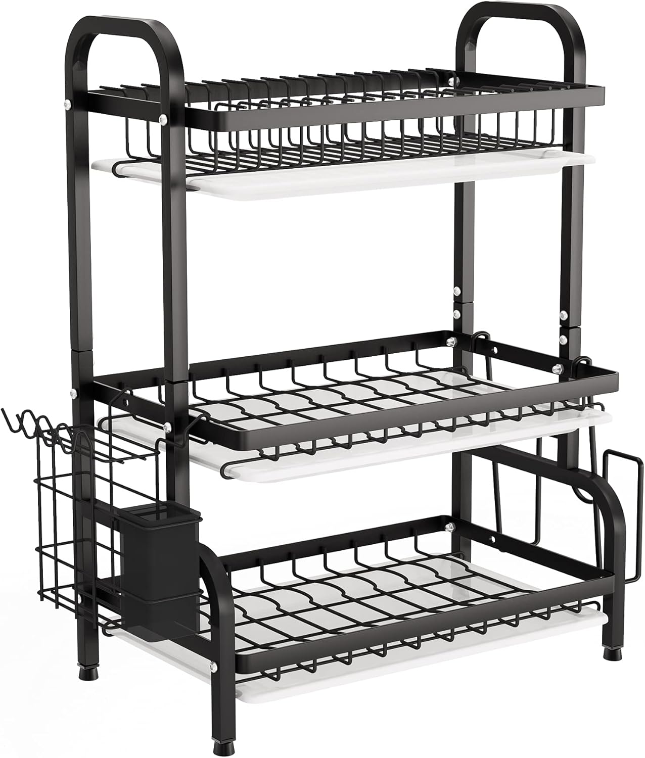 1Easylife Drying Rack, Metal 3-Tier Large Capacity Dish Rack with Utensil Holder, Cutting Board Holder, Drain Board Tray for Kitchen Counter Storage (Black)