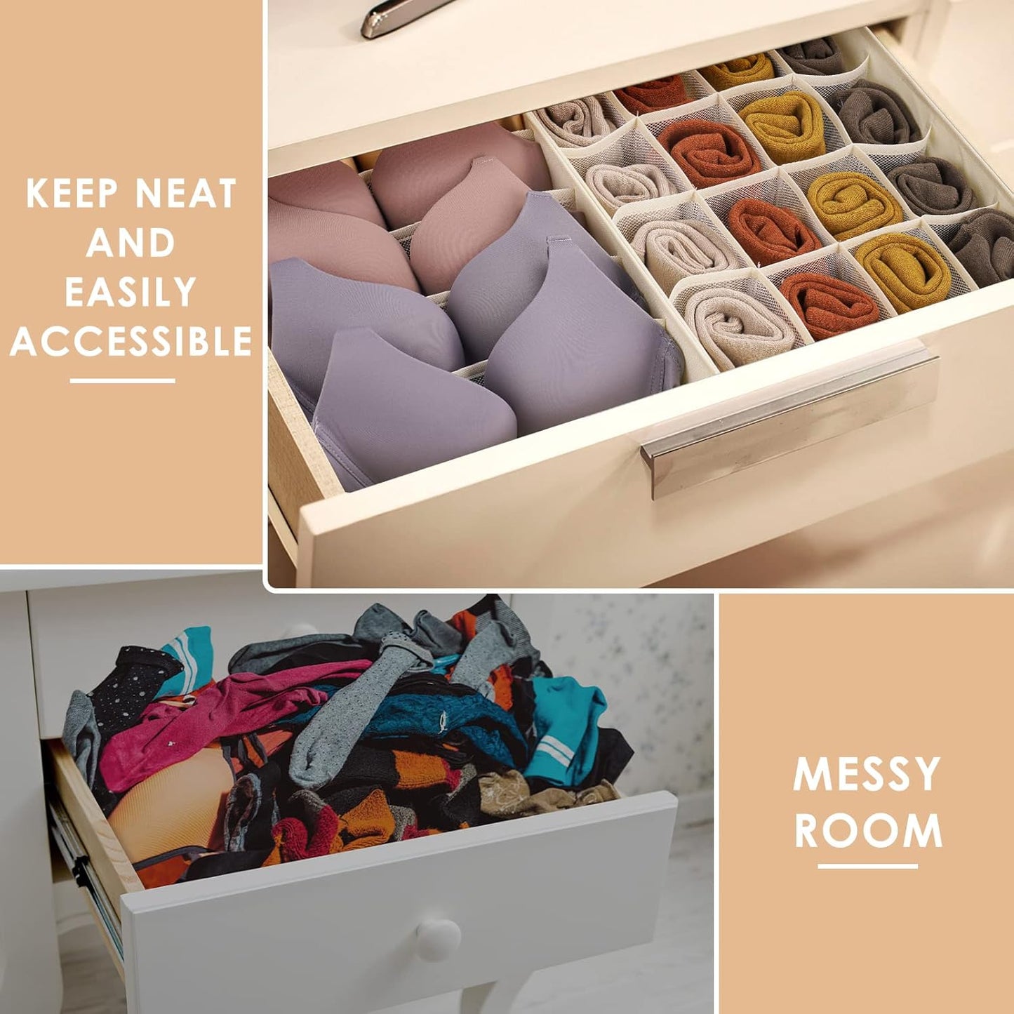 3 Pack Bra Underwear Drawer Organizer Dividers, 26 Cell Fabric Foldable Dresser Closet Organizers and Storage Boxes for Baby Clothes, Bra, Socks, Underwear, Ties (5+5+16 Slots, Beige)