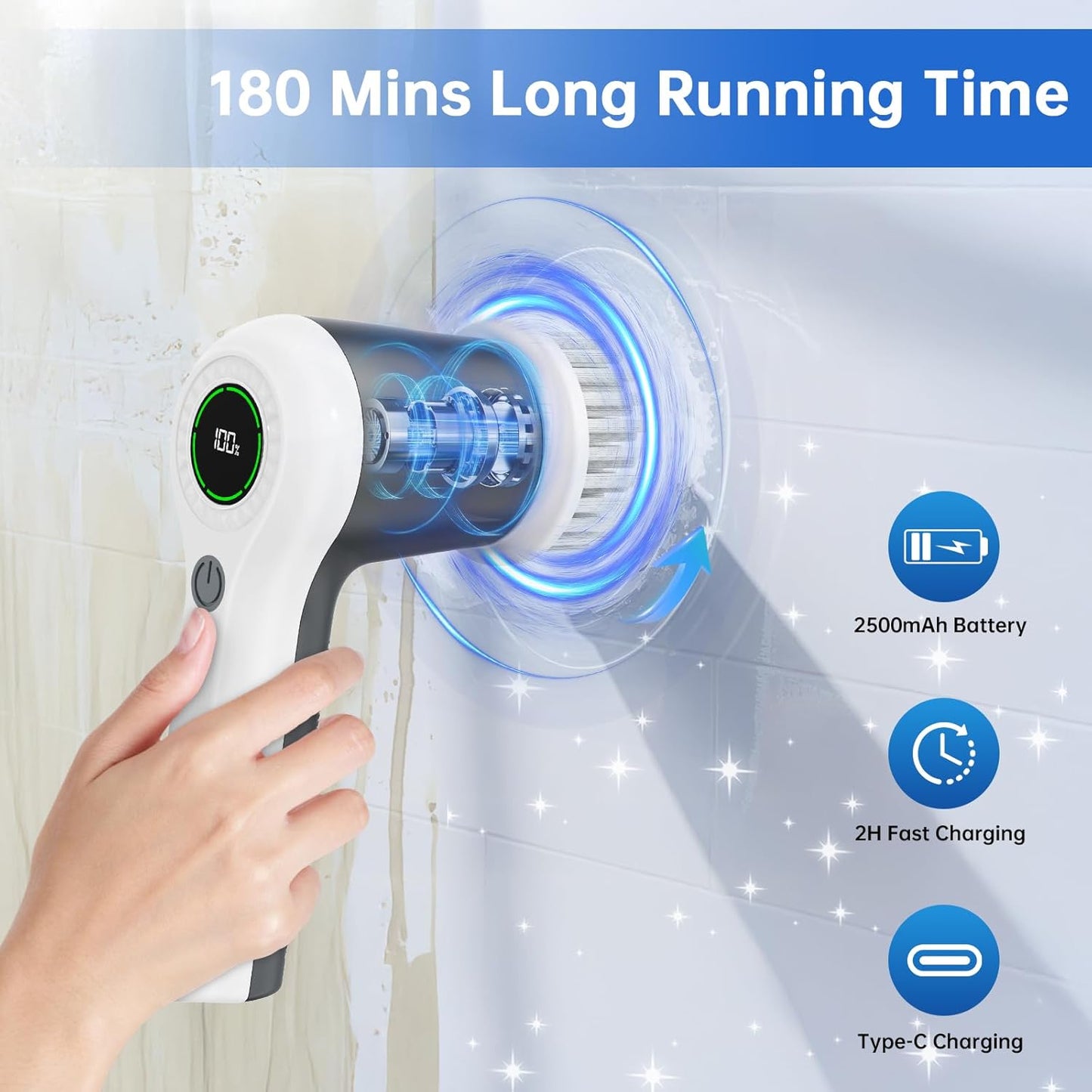 Electric Spin Scrubber, Cordless Shower Scrubber with Battery Level Display, 2 Speeds Electric Scrubber for Cleaning with 6 Replaceable Heads, Cleaning Brush for Bathroom/Sink/Window (Gray)