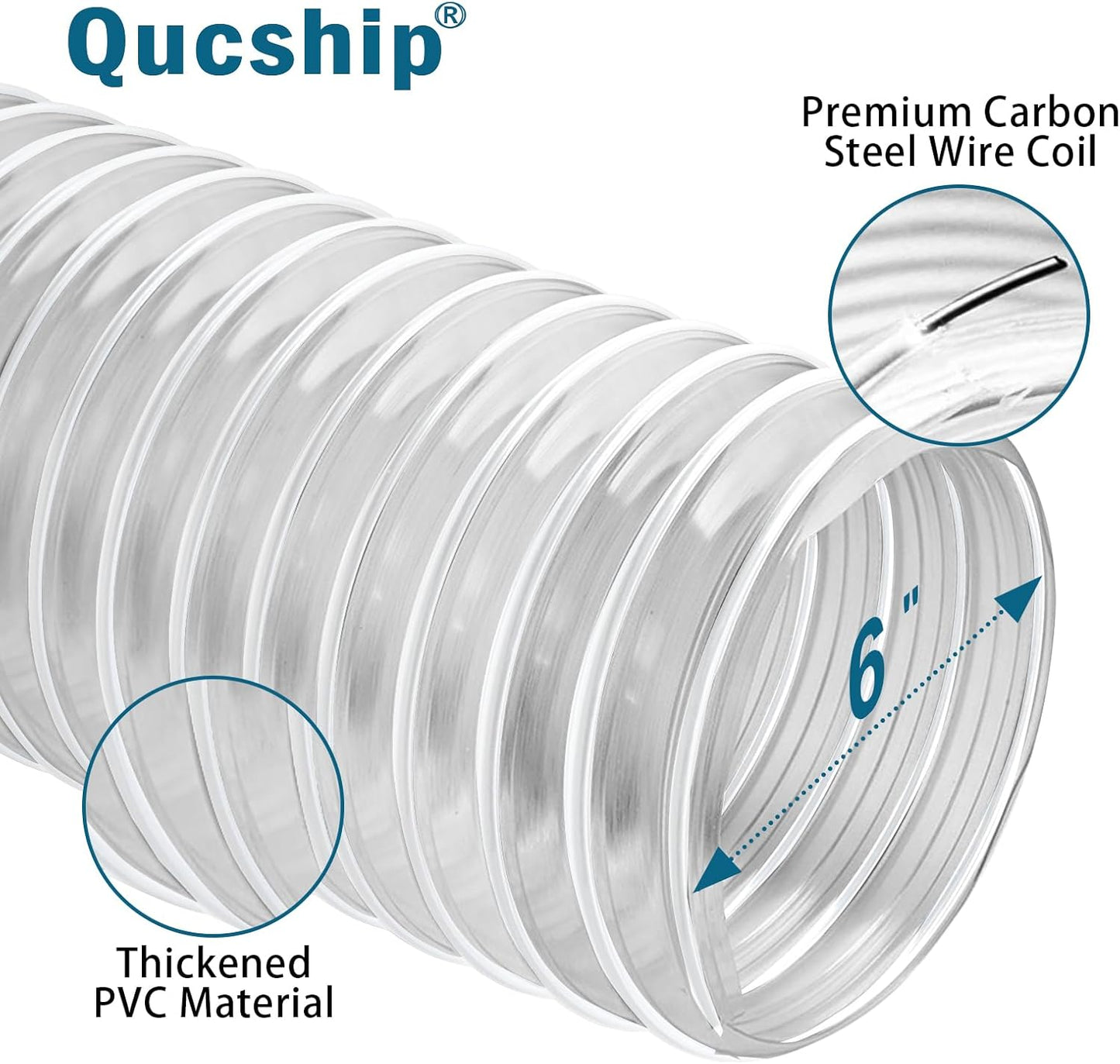 PVC Dust Collection Hose 6" x 5', Flexible Heavy PVC Fume Collection Hose with Carbon Steel Wire Coil for Dust Collection Systems, Woodworking, Workshops