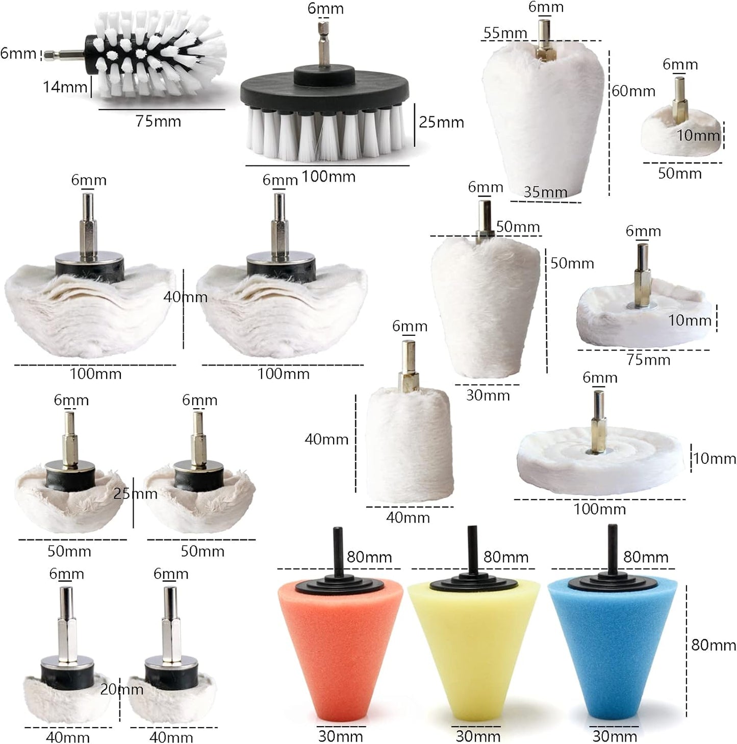 Polishing Pad Buffing Wheel Kit 17 Pack, for Drill for Metal Aluminum Stainless Steel Chrome Wood Plastic Ceramic Glass Woods Fabric Cotton Machine Jewelry etc