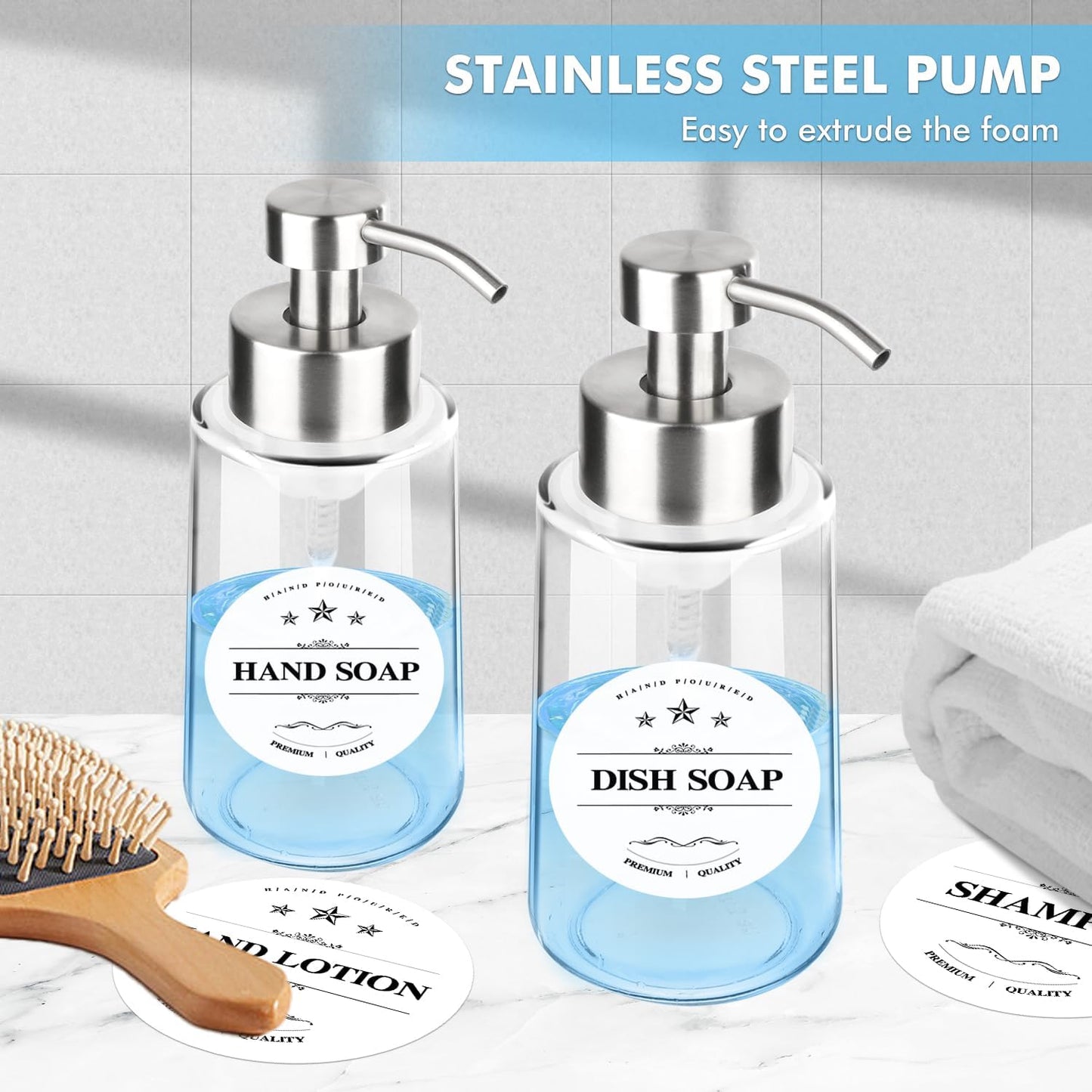 2 Pack Glass Foaming Soap Dispenser With Waterproof Labels, Hand and Dish Set, Rust Proof Stainless Steel Pump, 15 Oz Clear Bottle for Kitchen & Bathroom