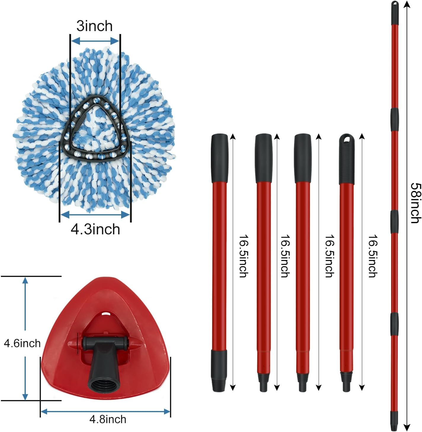 2 Pack Spin Mop Replacement Head,1 Base,4-Section Sturdy Iron Mop Handles Compatible with O Ceda EasyWring RinseClean 2 Tank System Mop,Oceda Mop Refills and Mop Stick 30" to 58" Set to Floor Clean