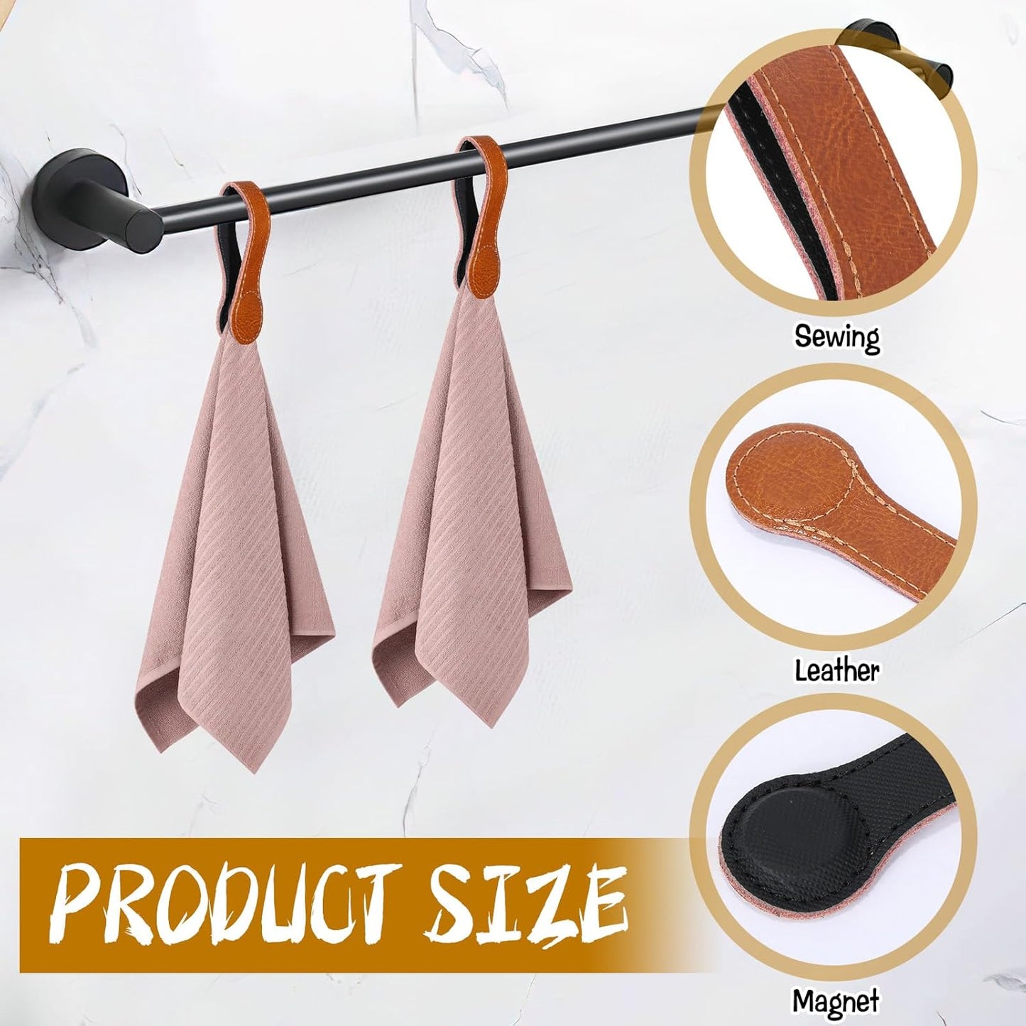 4 PCS Genuine Leather Towel Clips for Kitchen, Magnetic Hand Clips, Towel Holder with Magnet for Rods and Racks, Bathroom Accessory (Light Brown)
