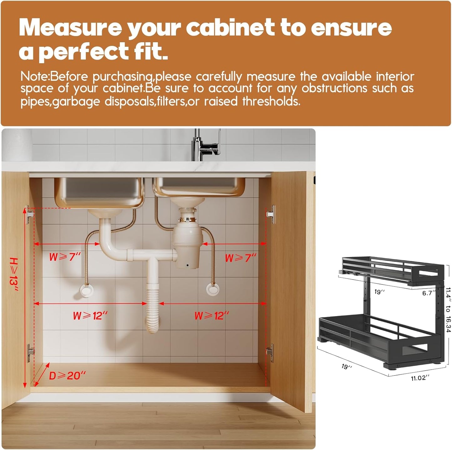 2-Pack 19"Deep Under Sink Organizer And Storage, 2-Tier L-Shaped Pull Out Cabinet Organizer with Upgraded Slide Rails, Height Adjustable Drawers for Kitchen&Bathroom, Extra-Large Storage Shelves–Black
