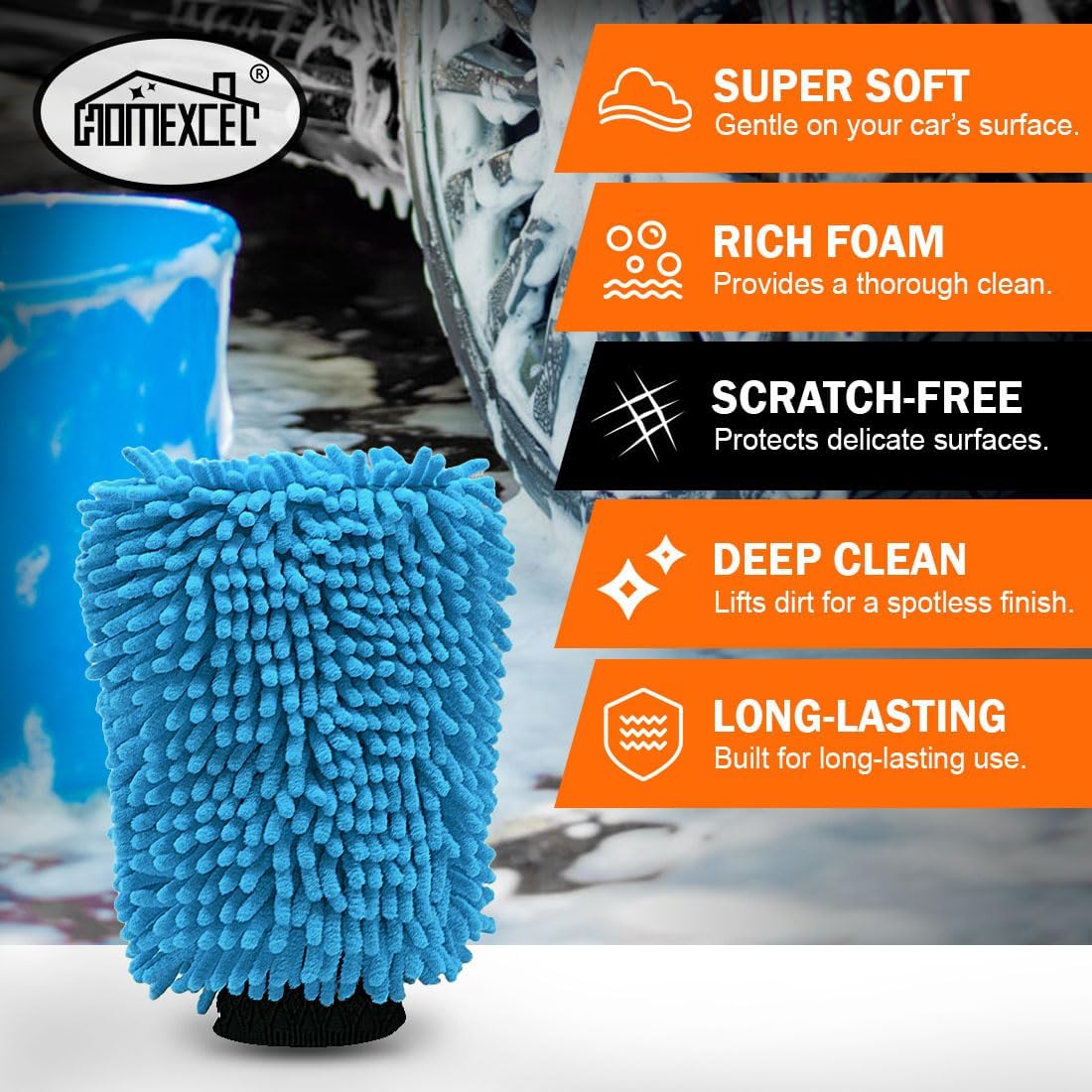HOMEXCEL Car Wash Mitt, 2PK Chenille Microfiber Wash Mitt, Scratch-Free & Lint-Free, Rich Foam, Highly Absorbent, Double Sided, Perfect for Car Washing and Detailing, 10.2" x 6.7 ", Blue