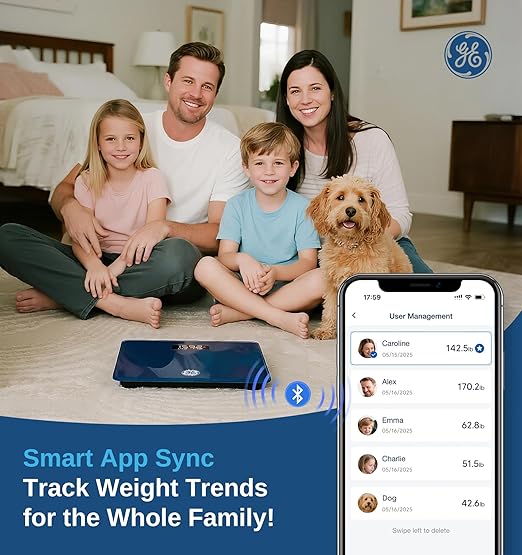 GE Weight Scale Digital for Body, Multifunctional Bathroom BMI Weighing Accurate Smart Scales Electric for Baby Pet Luggage Women with Smartphone APP Bluetooth 4" Large Display, 400lbs