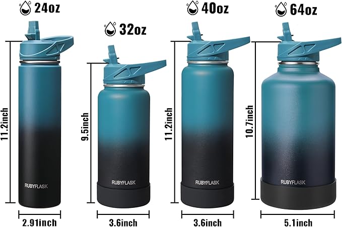 24oz Insulated Water Bottle with Straw, Stainless Steel Metal Vacuum Water Flask, Large Thermal Water bottle with Leakproof 3 Lids for Travel, Camping, Gym Sports Black