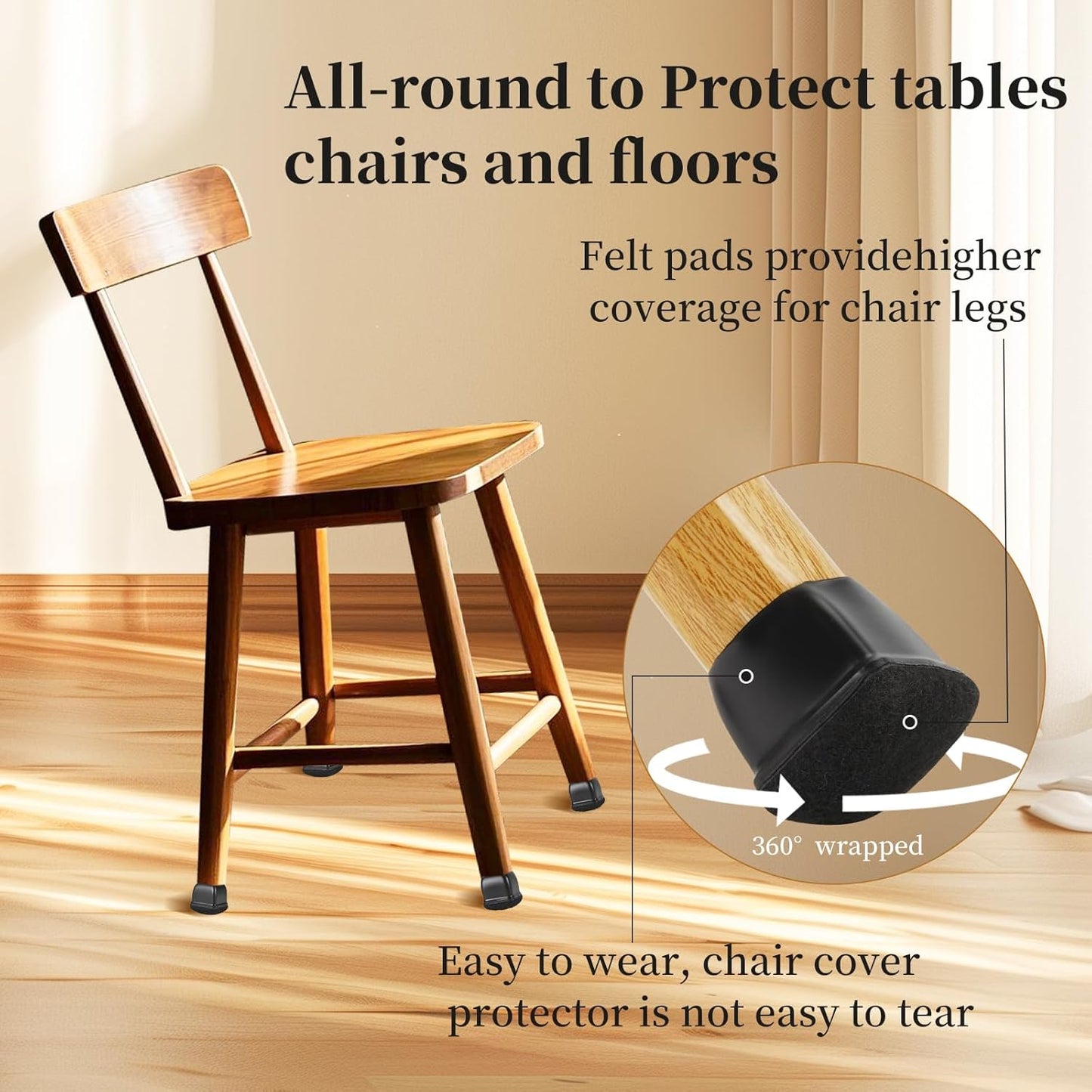 Square Chair Leg Floor Protectors Medium 24Pcs,Silicone Chair Leg Protectors for Hardwood Floors/Tiles,Black 360°Wrapped Felt Bottom to Prevent Scratch and Reduce Noise
