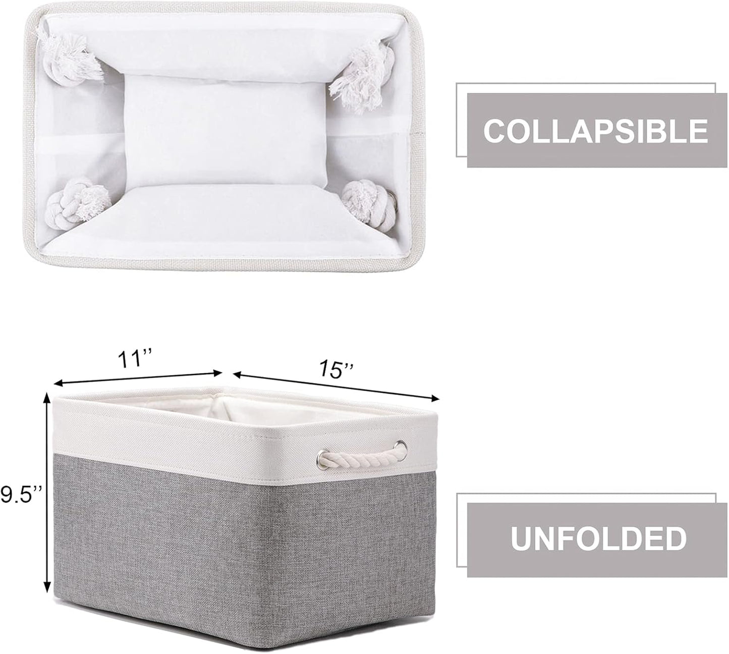 HNZIGE Large Fabric Storage Baskets (3 Pack) - Foldable Gift Baskets with Rope Handles, Decorative Organizers for Home (White & Gray, 15" x 11" x 9.5")