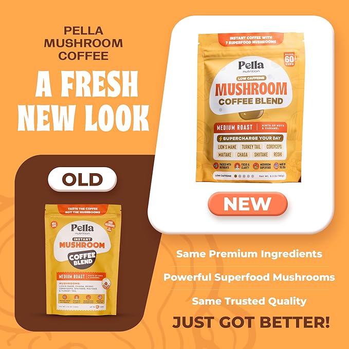 Organic Low-Caffeine Mushroom Coffee (60 Servings) with 7 Superfood Mushrooms, Great Tasting Instant Coffee, Includes Lion's Mane, Reishi, Chaga, Cordyceps, Shiitake, Maitake, and Turkey Tail