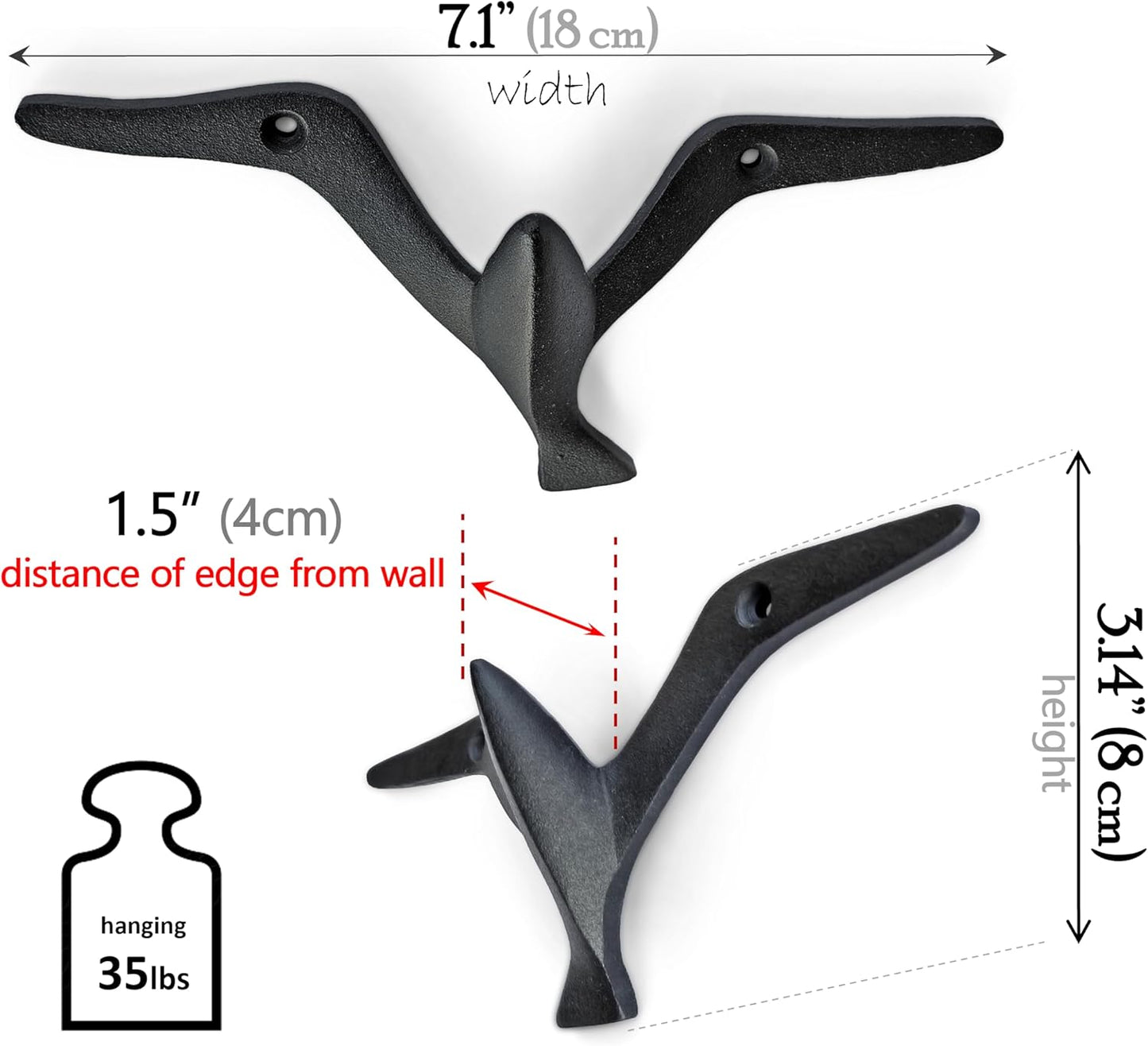 Ambipolar Iron Cast Decorative Gull Bird Wall Mounted Coat Hooks, Black, Set of 3