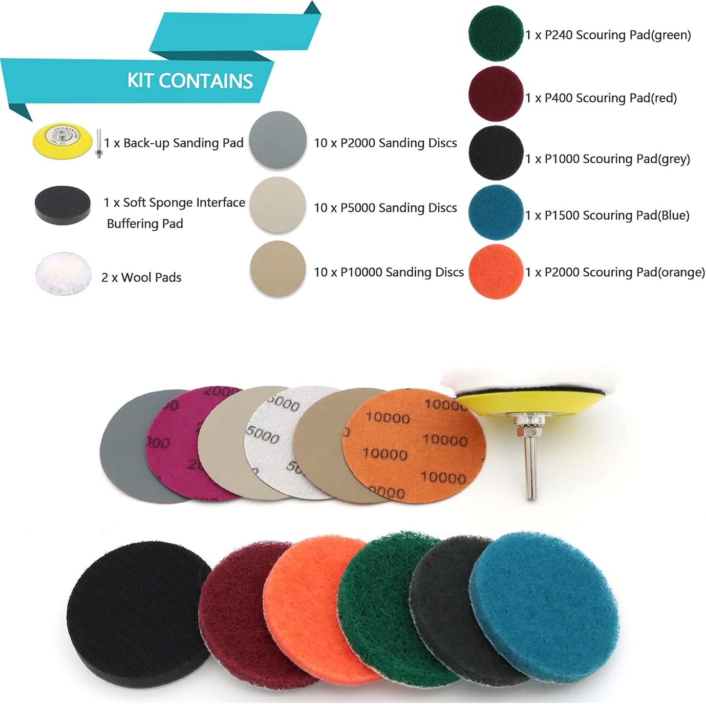 3 Inch Car Headlight Restoration Kit, Car Polishing Sanding Discs Assortment 2000 to 10000 Grit with 1/4 Inch Shank Backing Pad, Scouring Pads, Soft Interface Pad, Woolen Buffer Pads, 39PCS