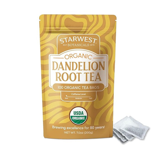 Starwest Botanicals Organic Dandelion Root Tea - Cleansing Herbal Tea, Caffeine Free, Natural Elimination Support, USDA Organic Dandelion Root Roasted, Non GMO - Bulk Pack, 100 Tea Bags