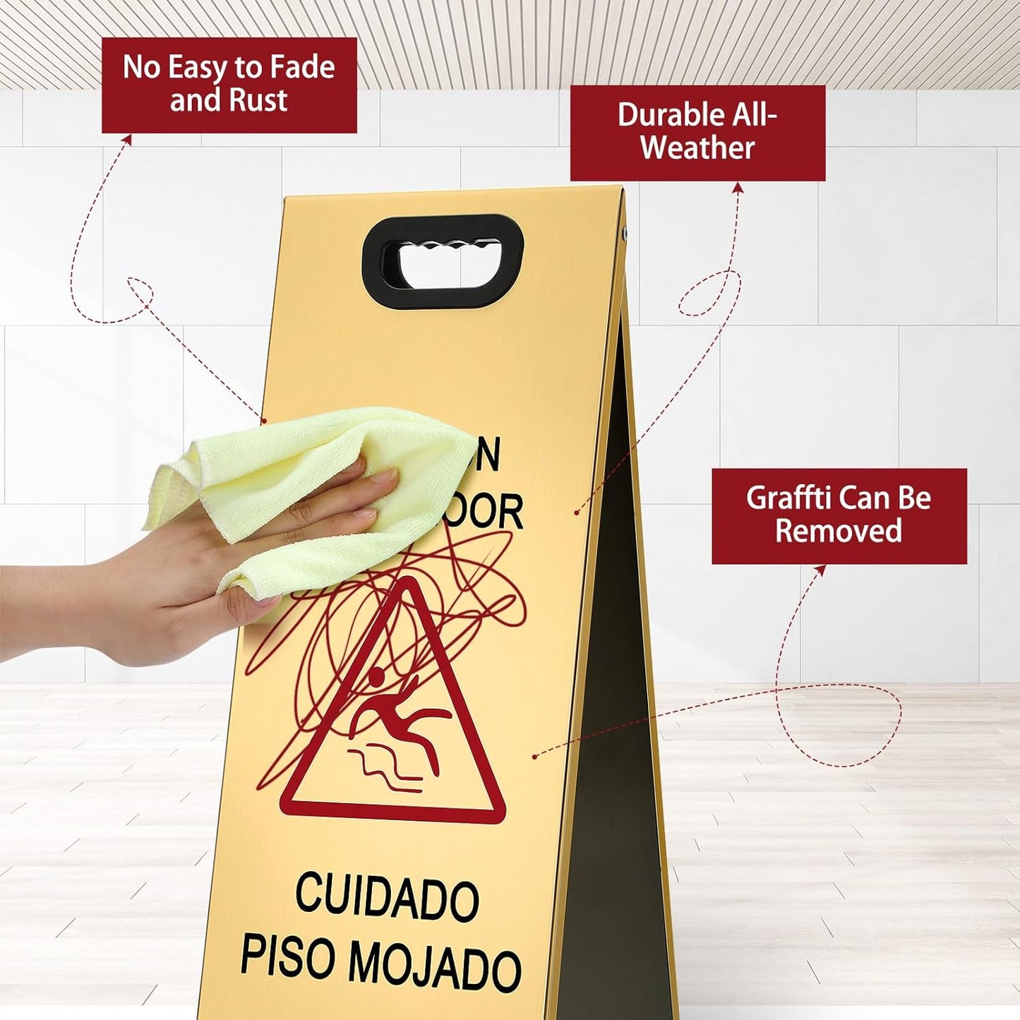 2 Pcs 24 Inch Stainless Steel Wet Floor Sign, Heavy Duty Caution Wet Floor Sign Double Sided Portable Foldable Bilingual Safety Warning for Restaurant Restroom Office Avoid Fall (Gold)