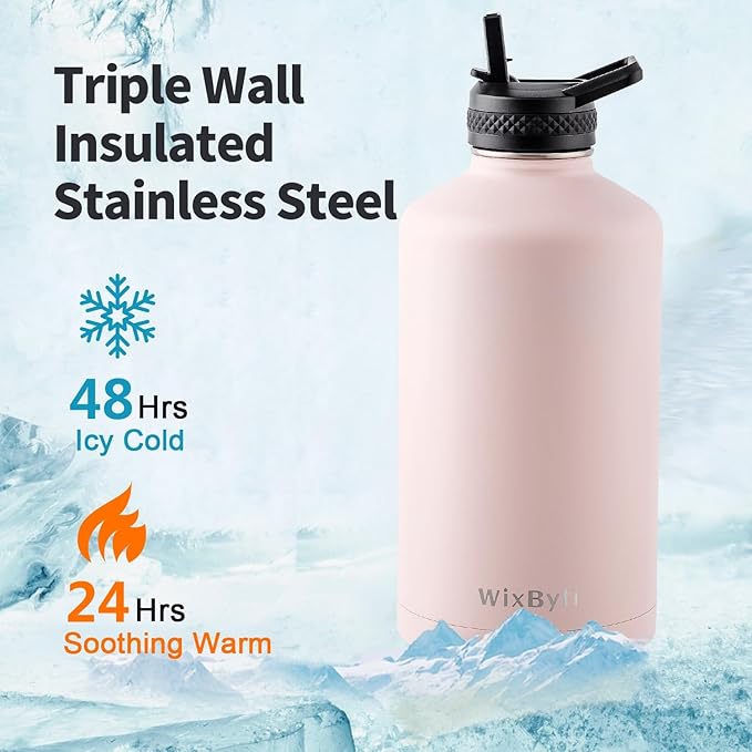 One Gallon Water Bottle Insulated, Triple Wall Vacuum Cold for 48 Hrs & Leak-proof & Non-BPA, 128oz Large Sports Stainless Steel Water Jug with Paracord Handle Straw Spout Lids & DIY Stickers