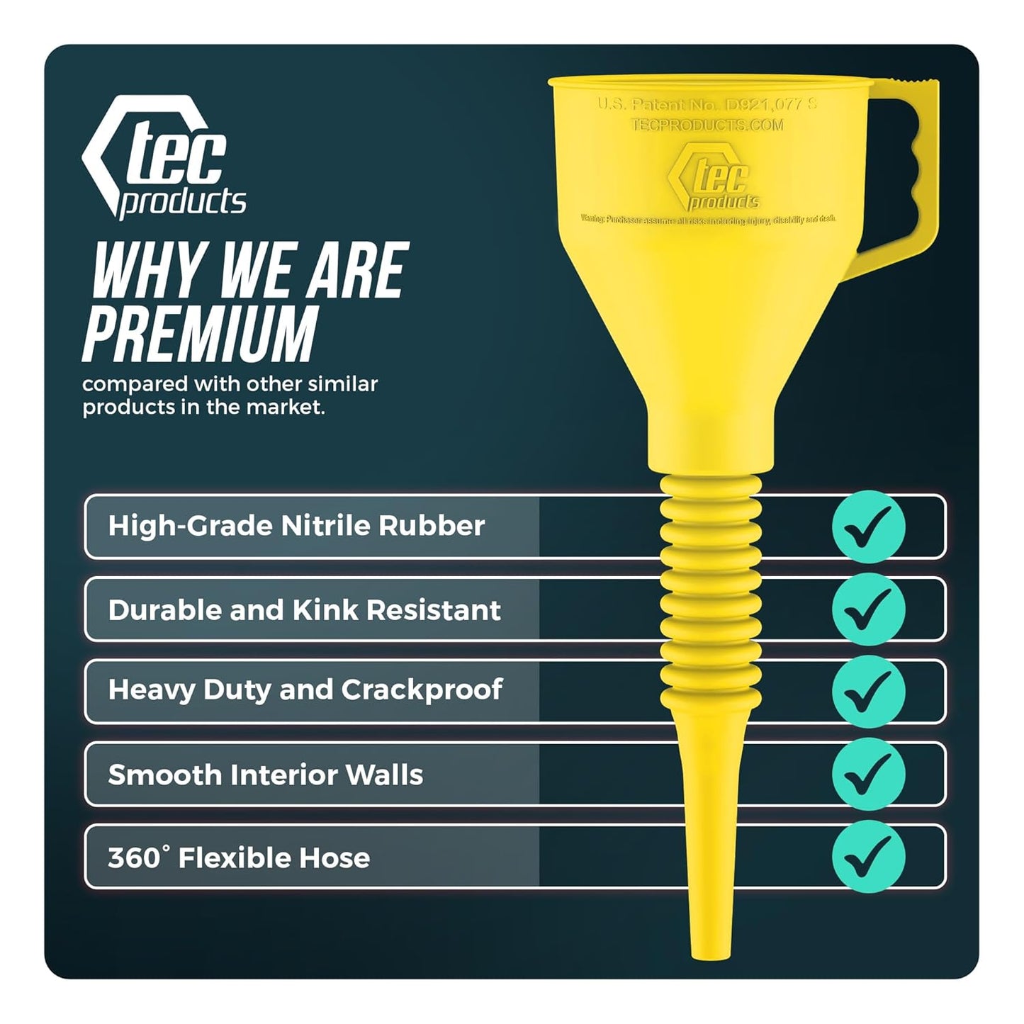 TEC Products FlexAll Long Flexible Funnel for Automotive Use - Durable Nitrile Rubber - Ideal for Car Oil Change, Transmission Funnel Fluid, Diesel, Fuel, Gas - Made in USA - Yellow (12 x 4 Inches)