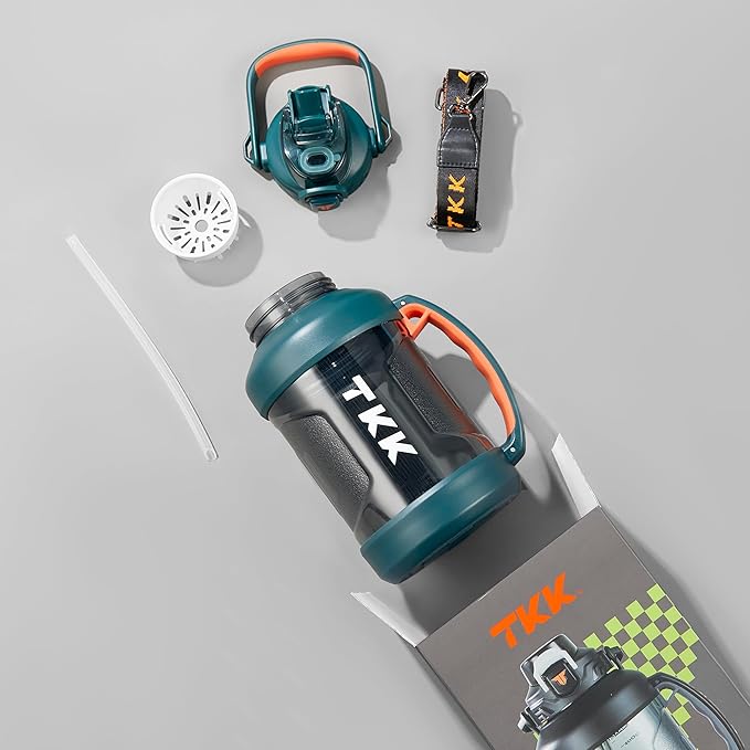 TKK Half Gallon Water Jug Sport Bottle with Straw 2 in 1 Lid Dishwasher Safe BPA Free Leakproof Large Capacity Tritan Plastic Bottle 1/2 Gallon 64oz Water Bottle for Gym Travel Camping Outdoor