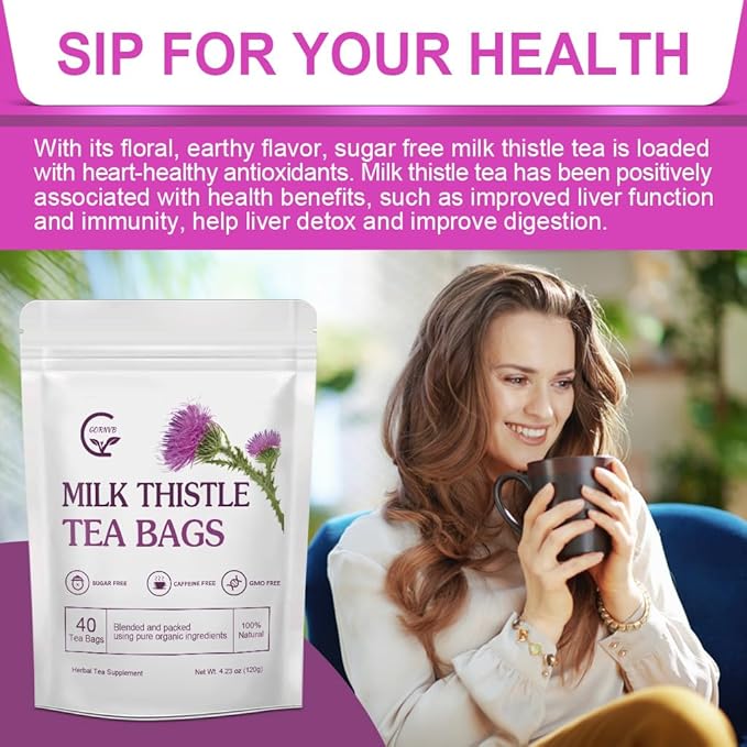 Organic Milk Thistle Tea Bags, 40 Teabags, 3g/Bag - Supports Liver Function, Liver Detox and Overall Health, Certified Free