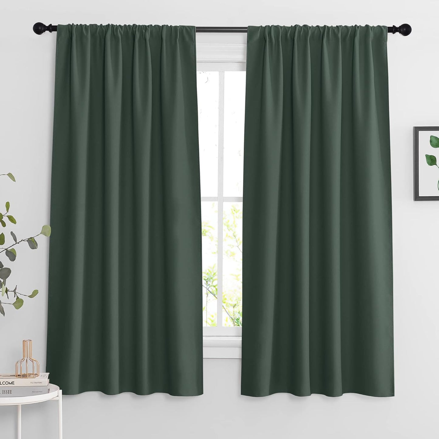 RYB HOME Living Room Curtains 63 inch Length 2 Panels Set, Thermal Insulated Privacy Window Drapes Rod Pocket Design All Lights Blocking for Bedroom Studio, W 42 x L 63 inch, Dark Green