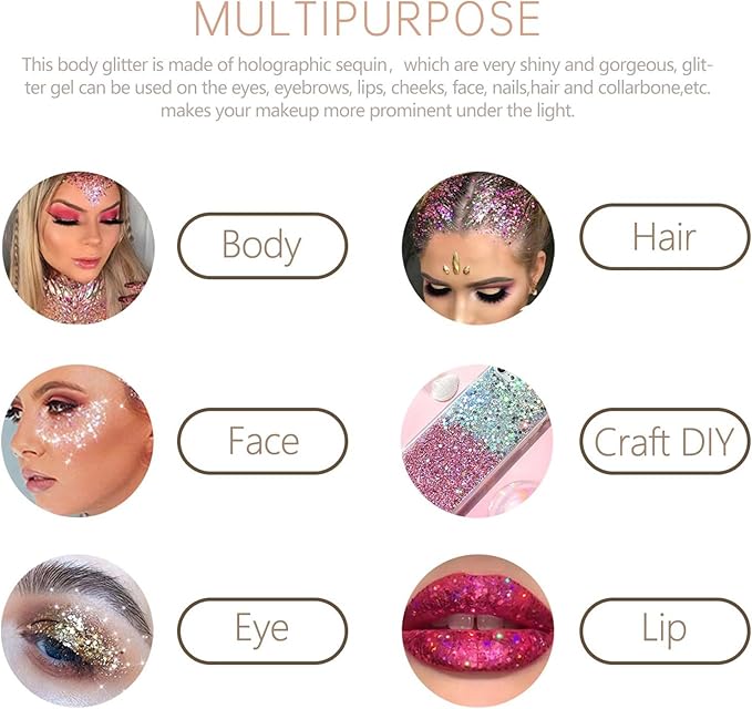 6PCS Pink Face Body Glitter Gel，Mermaid Holographic Sequins Chunky Glitter Paint for Party Singer Concerts Music Festival Rave Accessories for Girls Women Face Body Hair Sparkling Makeup