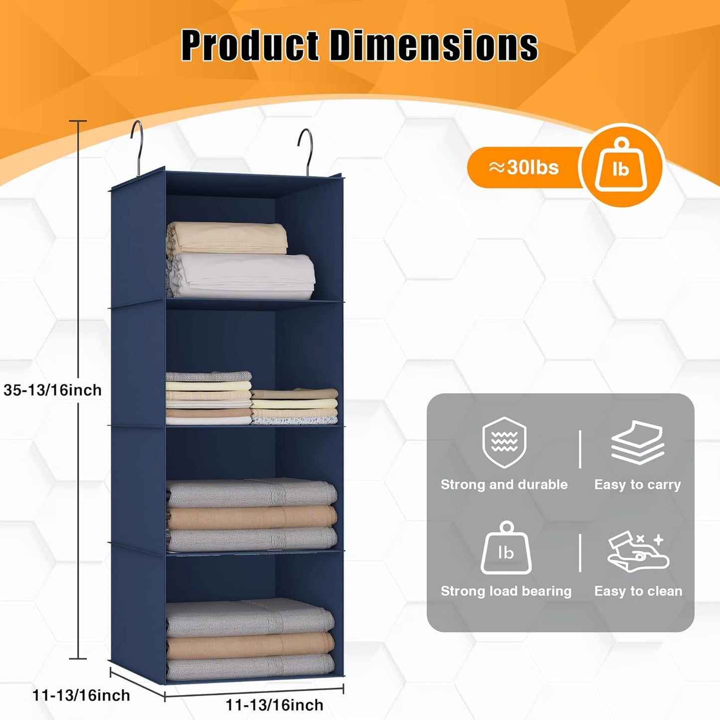 Hanging Closet Organizer - 4-Shelf, Easy Mount Foldable Wardrobe Storage Shelves for Clothes, Handbags, Shoes & Accessories - Washable Oxford Cloth Fabric, Navy Blue