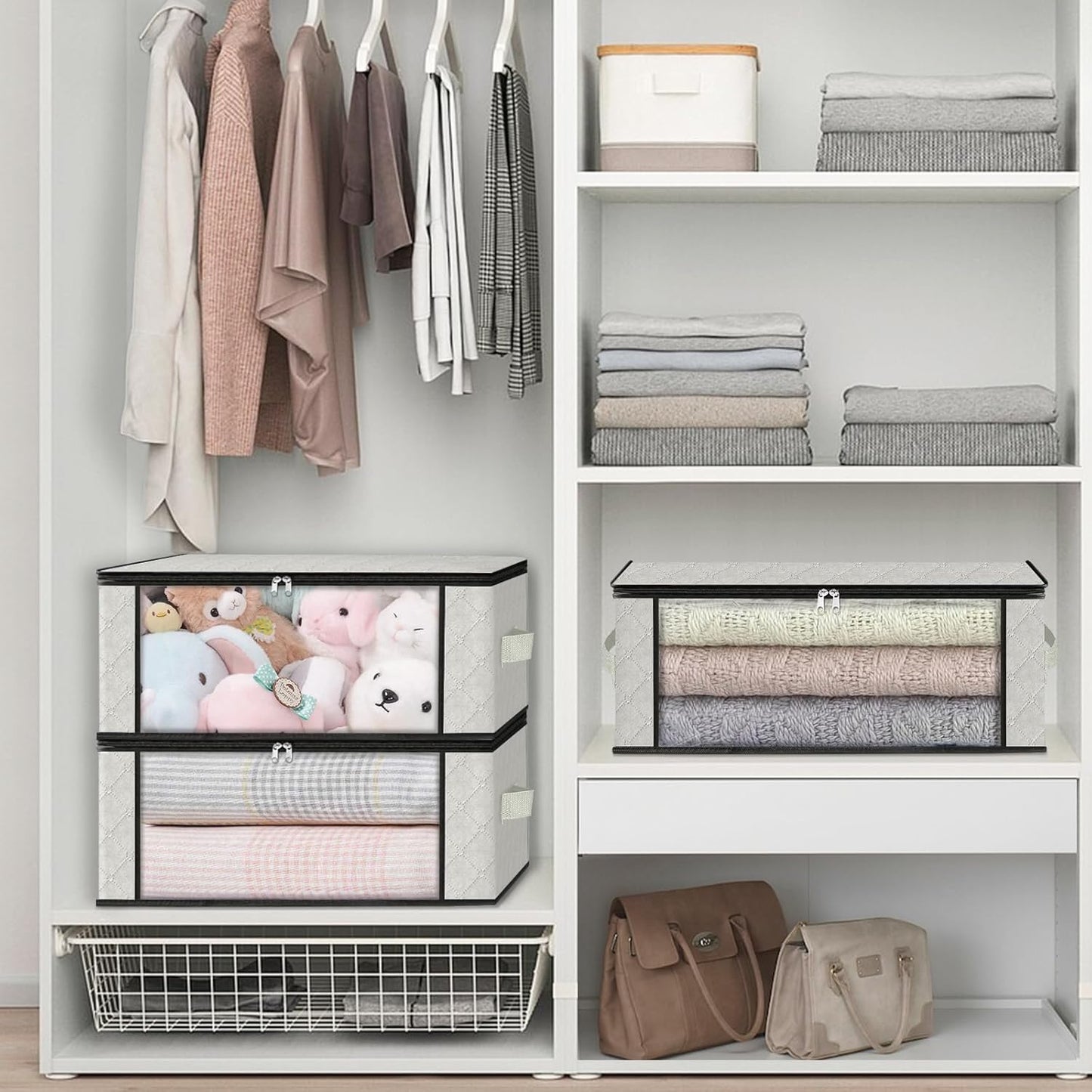 HomeHacks Storage 10-Pack Clothes Organizer Storage Bags Foldable Storage Box with Large Clear Window Sturdy Handles for Closet, Dorm, Pillows, Bedding, Clothes, Blankets, 35L, Ivory