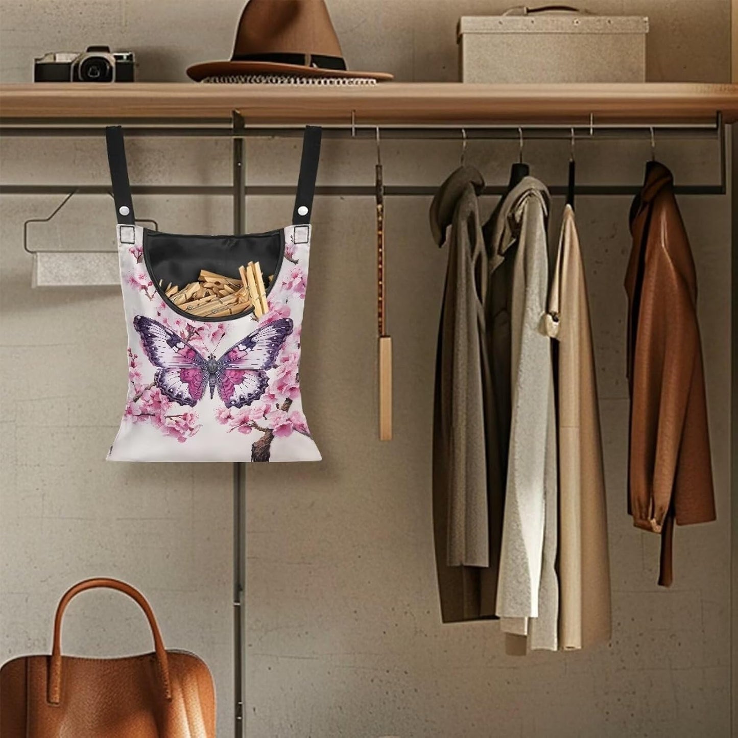 2 Pcs Clothes Pin Hanging Bag, Butterfly Clothes Pins Bag Holder Outdoor 4.Stylish Clothespin Bag with Hanging Rope for Clothes Pin and Clothespin