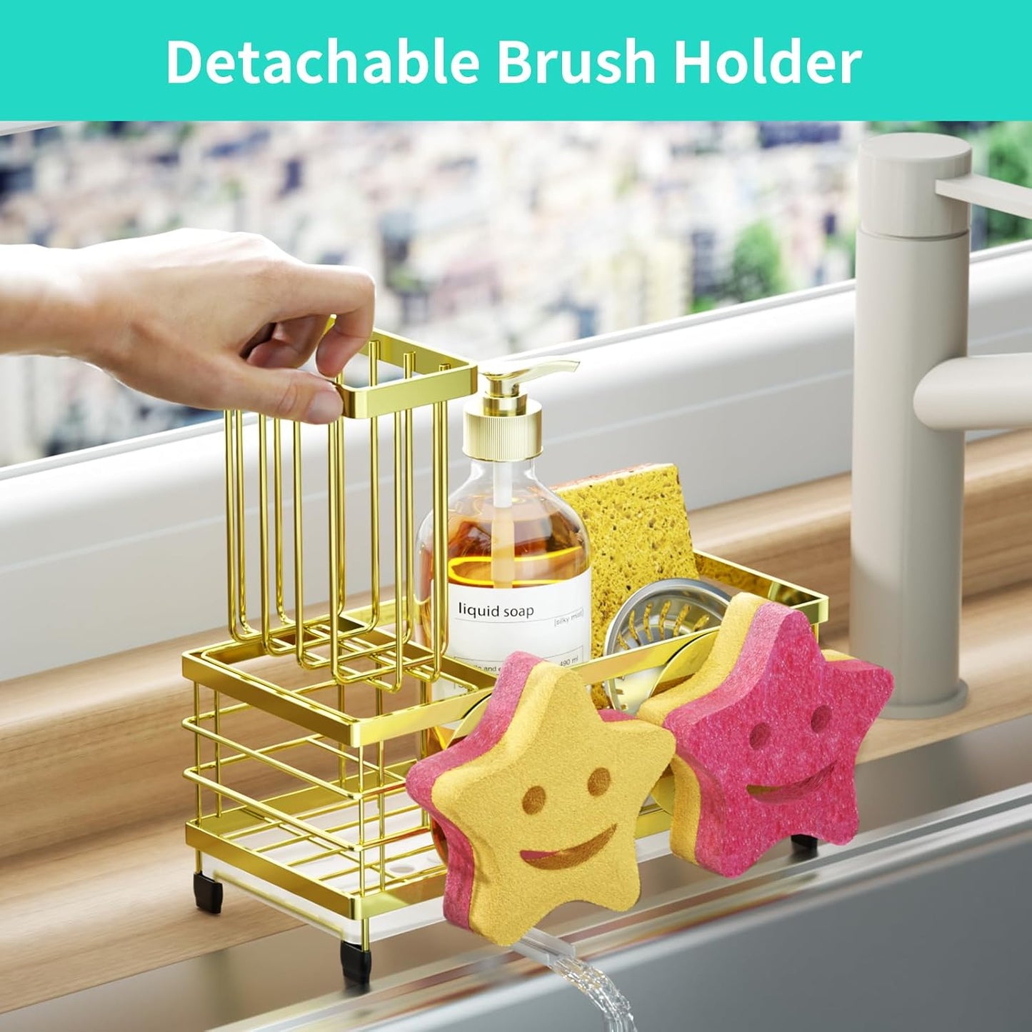 HapiRm Sink Caddy Sponge Holder - Self-draining Kitchen Sink Organizer with Smiley Face and Brush Holder, Stainless Steel Kitchen Sponge Caddy for Countertop - Gold