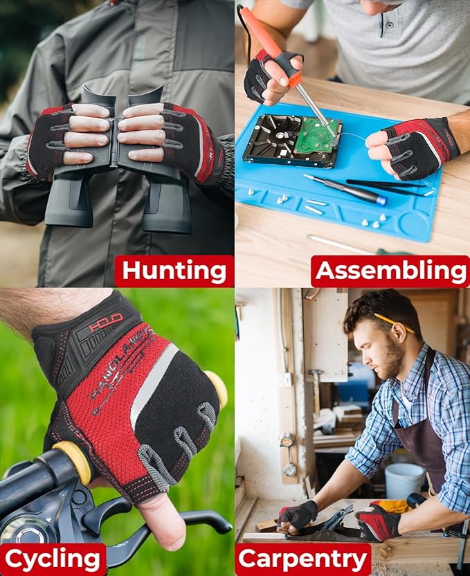 'HANDLANDY Fingerless Work Gloves for Men and Women Utility Padded Half Finger Driving Working Gloves (Small, Red)