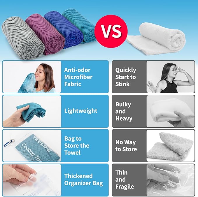 YESLIFE 4 Pack Cooling Towel 40"x12", Gym Towels for Men and Women, Soft Breathable Workout Towels for Yoga, Running, Sport, & More (Grey, Dark Blue, Purple, Blue)