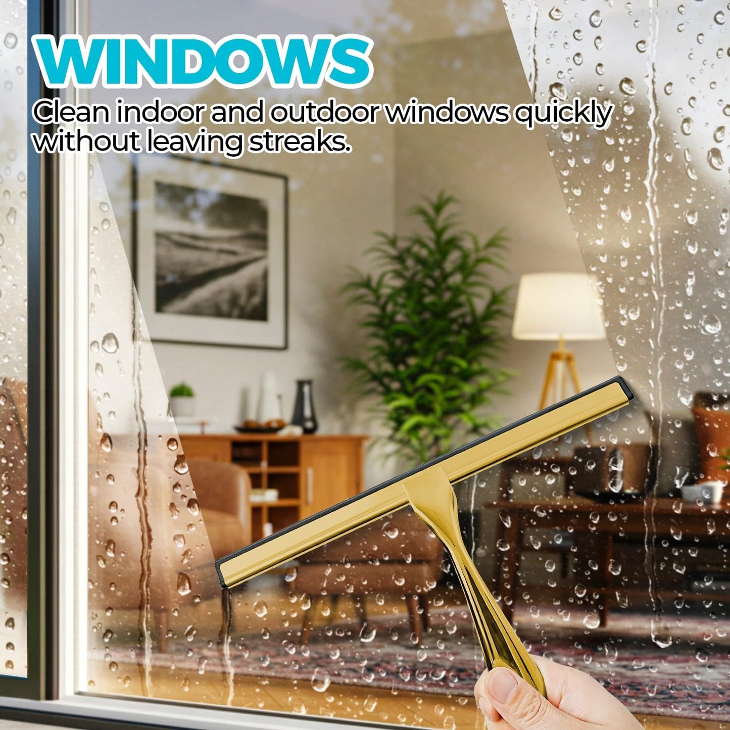 2PACK 10-Inch Golden All-Purpose Shower Squeegee for Shower Doors, Bath Linen Sets, Tile Shower Walls, Bathroom, Window, Glass and Car Windshield, Mirrors and Kitchen-Stainless Steel