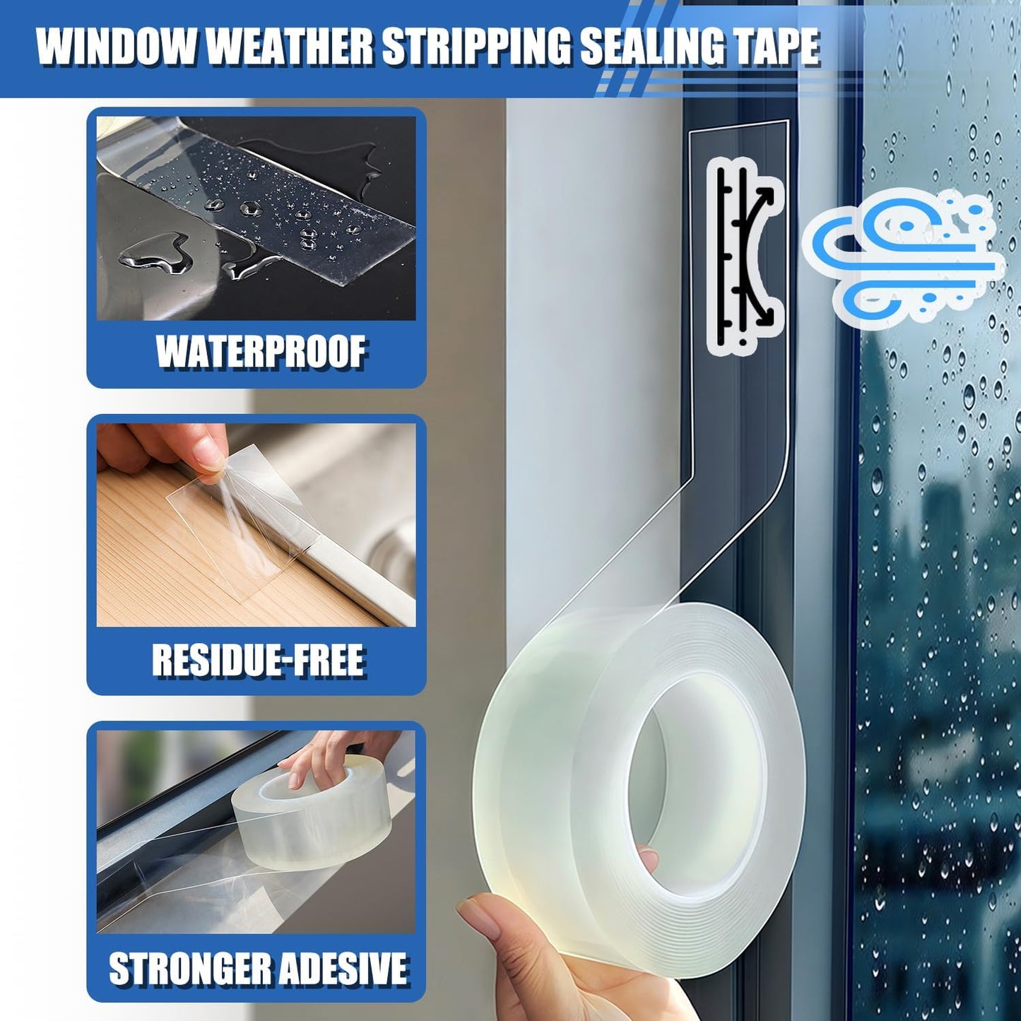 Window Weather Sealing Tape 2 in x 66 FT Weather Stripping Weatherproof Draft Stopper Clear Window Insulation Tape for Doors Windows Garages RVs Energy Saving Kit