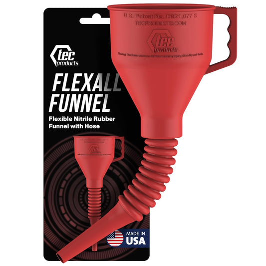 TEC Products FlexAll Long Flexible Funnel for Automotive Use - Durable Nitrile Rubber - Ideal for Car Oil Change, Transmission Funnel Fluid, Diesel, Fuel, Gas - Made in USA - Red (12 x 4 Inches)