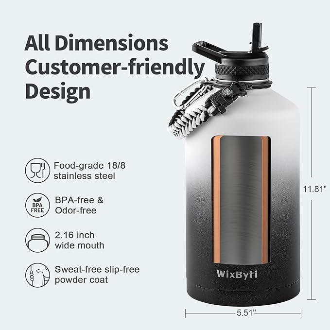 One Gallon Water Bottle Insulated, Triple Wall Vacuum Cold for 48 Hrs & Leak-proof & Non-BPA, 128oz Large Sports Stainless Steel Water Jug with Paracord Handle Straw Spout Lids & DIY Stickers