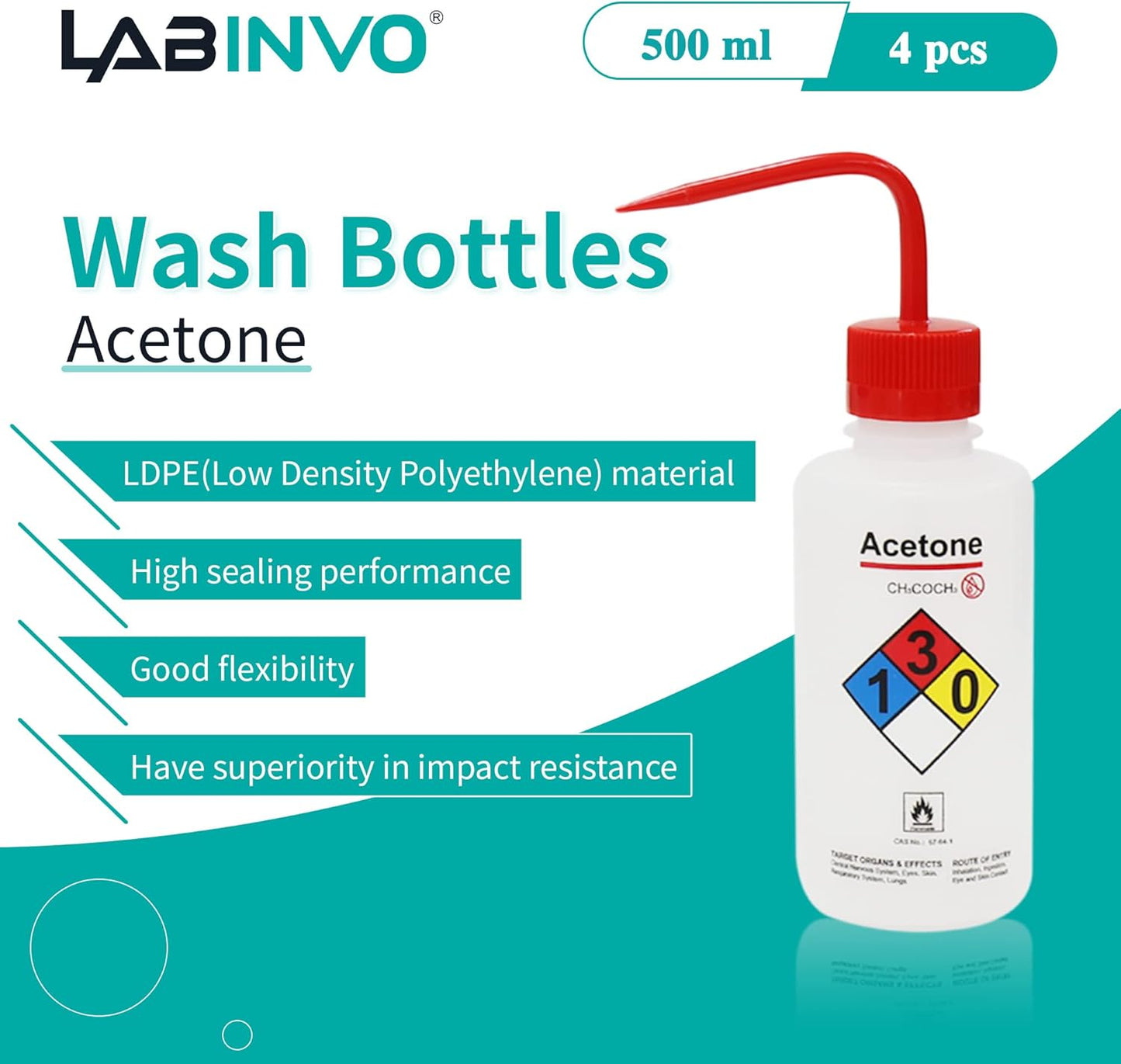 4pcs of Acetone Wash Bottles, Vol.500ml (17oz), Narrow Mouth, Self-Venting Safety Wash Bottles, LDPE Material, IN-WBA500