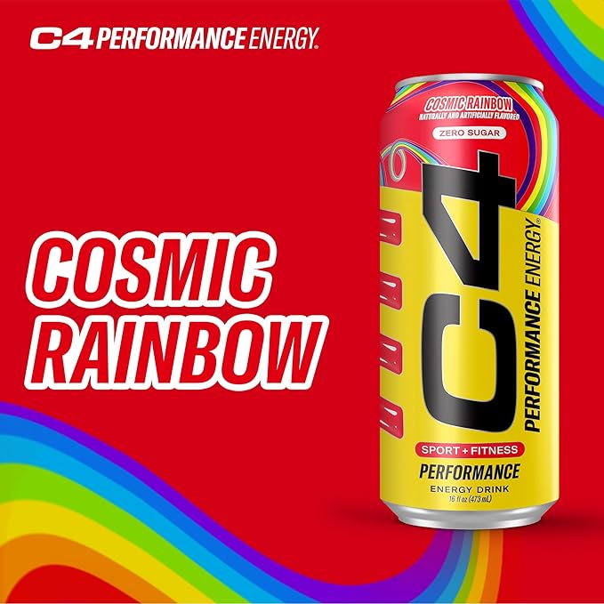 Cellucor C4 Performance Energy Drink | Cosmic Rainbow | Zero Sugar Carbonated Preworkout Energy | 200mg Caffeine with Beta Alanine | 16 Fl Oz (12 Pack), Packaging May Vary