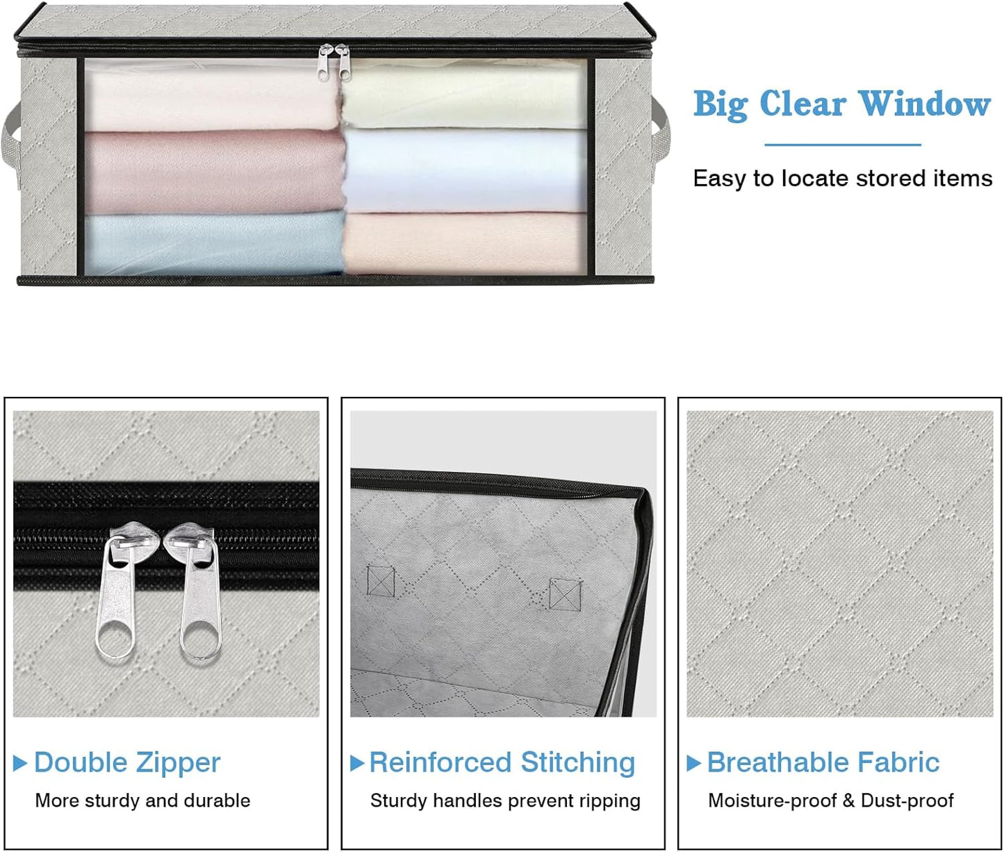 HomeHacks Storage 6-Pack Clothes Organizer Storage Bags Foldable Storage Box with Large Clear Window Sturdy Handles for Closet, Dorm, Pillows, Bedding, Clothes, Blankets, 35L, Ivory