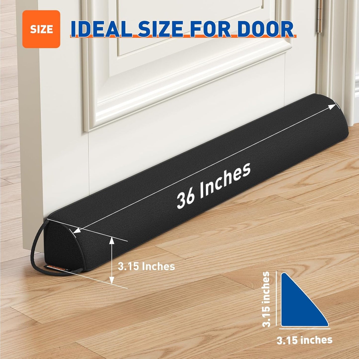 MAGZO Door Draft Stopper 36 Inches, Weighted Triangular Door Snake for Winter Noise Blocker with Hook Loops,Black