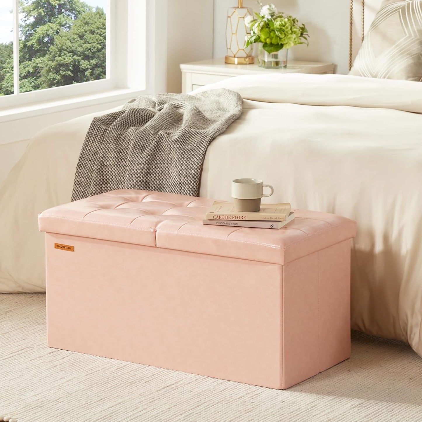 HAUSFRAU - 30 Inches Storage Ottoman Bench with Flipping Lid, Foldable Storage Chest Foot Rest for Living Room, Bedroom, Entryway, Load 660 lb, Synthetic Leather, Pale Pink